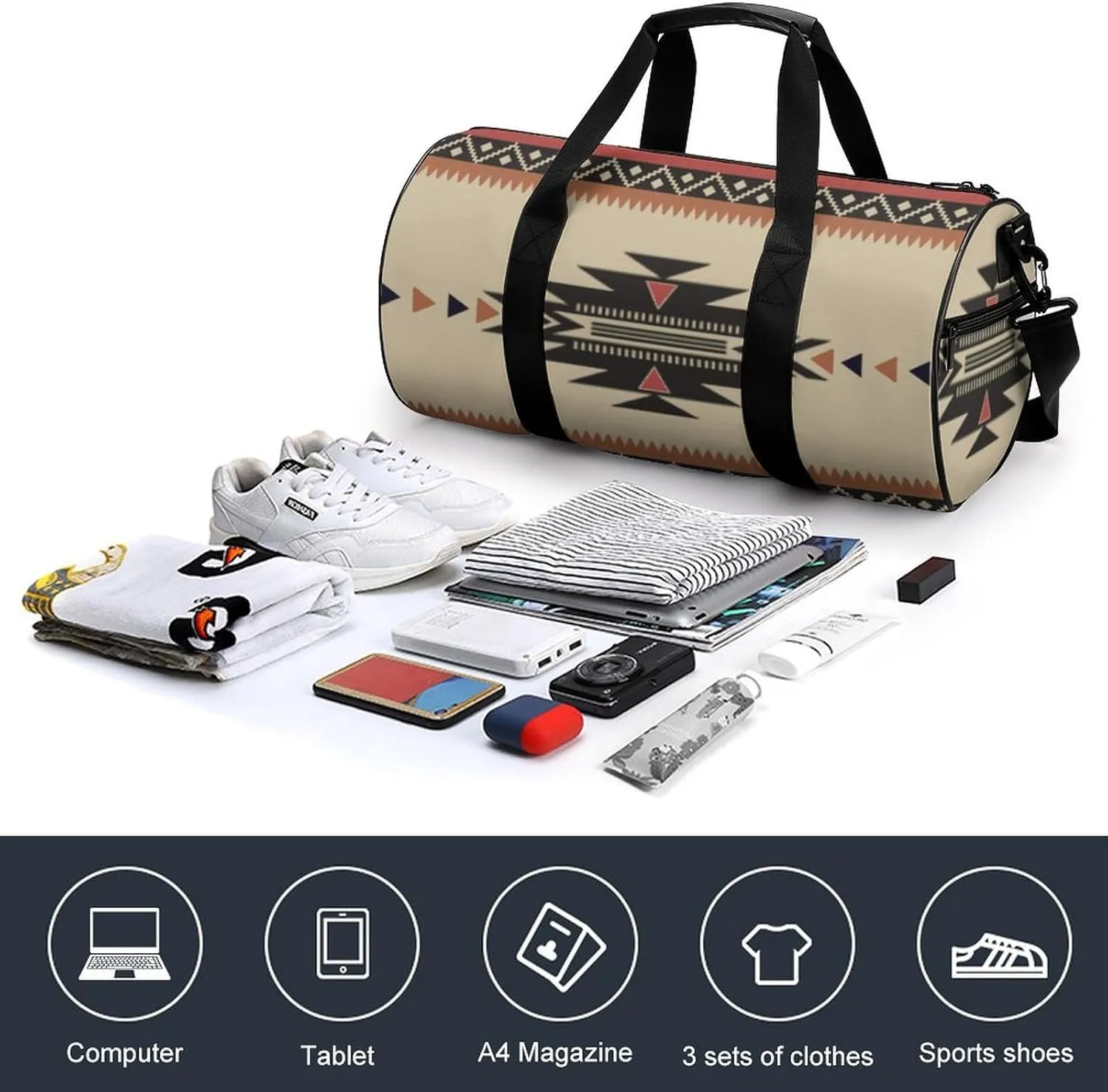 Native Tribal Woven Pattern in Browns, Black, Rust Large Capacity Portable Cylindrical Fitness Bag