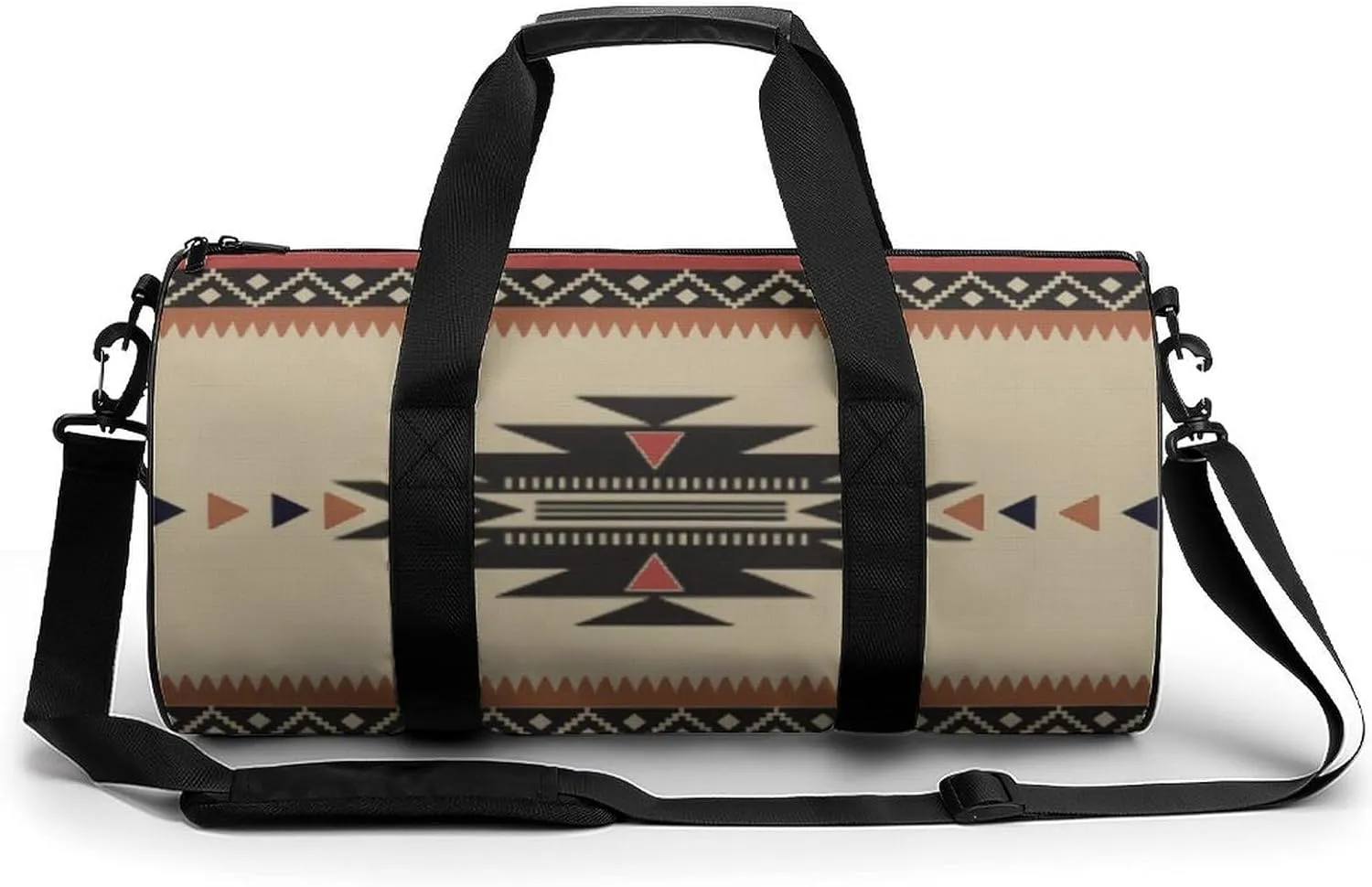 Native Tribal Woven Pattern in Browns, Black, Rust Large Capacity Portable Cylindrical Fitness Bag