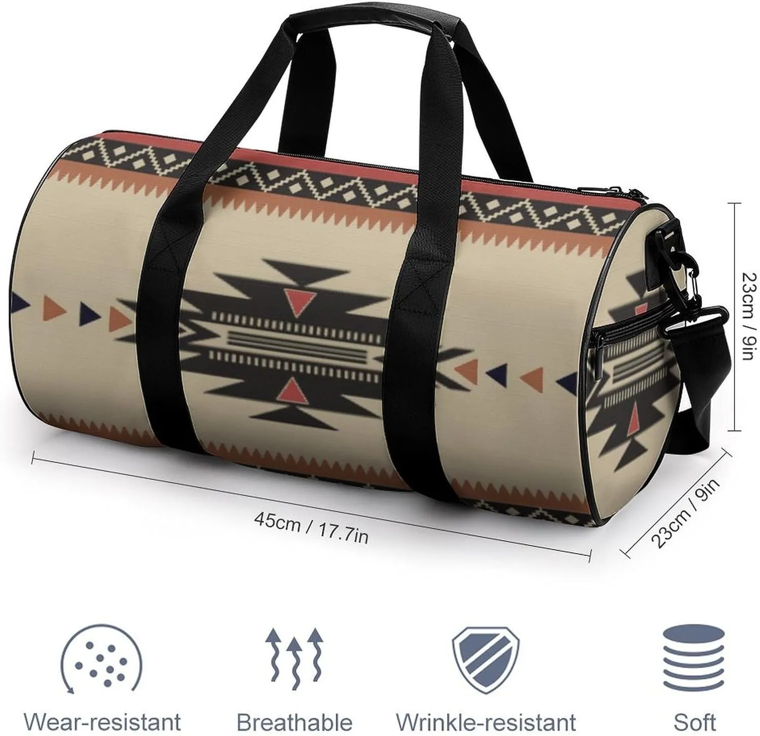 Native Tribal Woven Pattern in Browns, Black, Rust Large Capacity Portable Cylindrical Fitness Bag