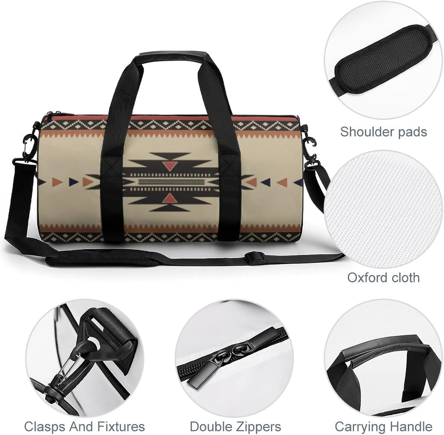Native Tribal Woven Pattern in Browns, Black, Rust Large Capacity Portable Cylindrical Fitness Bag