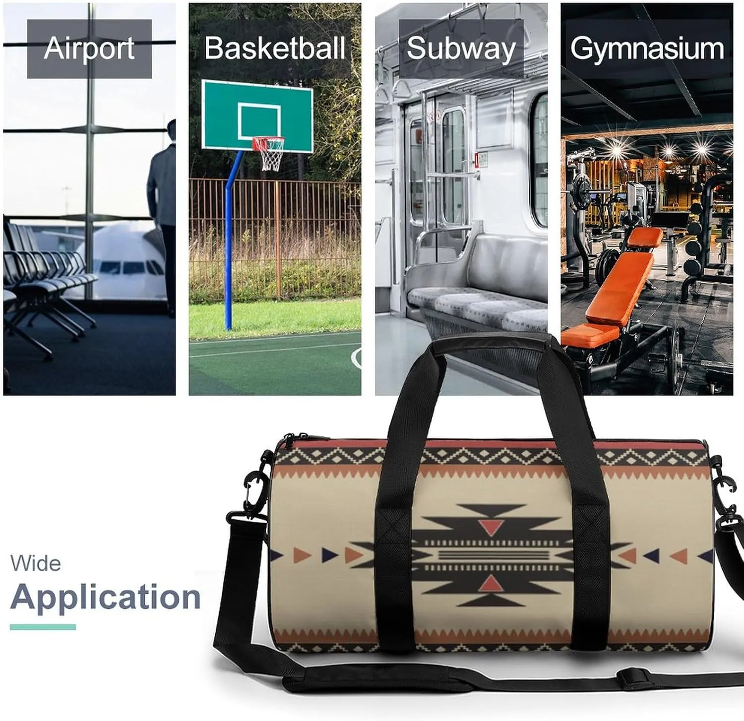 Native Tribal Woven Pattern in Browns, Black, Rust Large Capacity Portable Cylindrical Fitness Bag