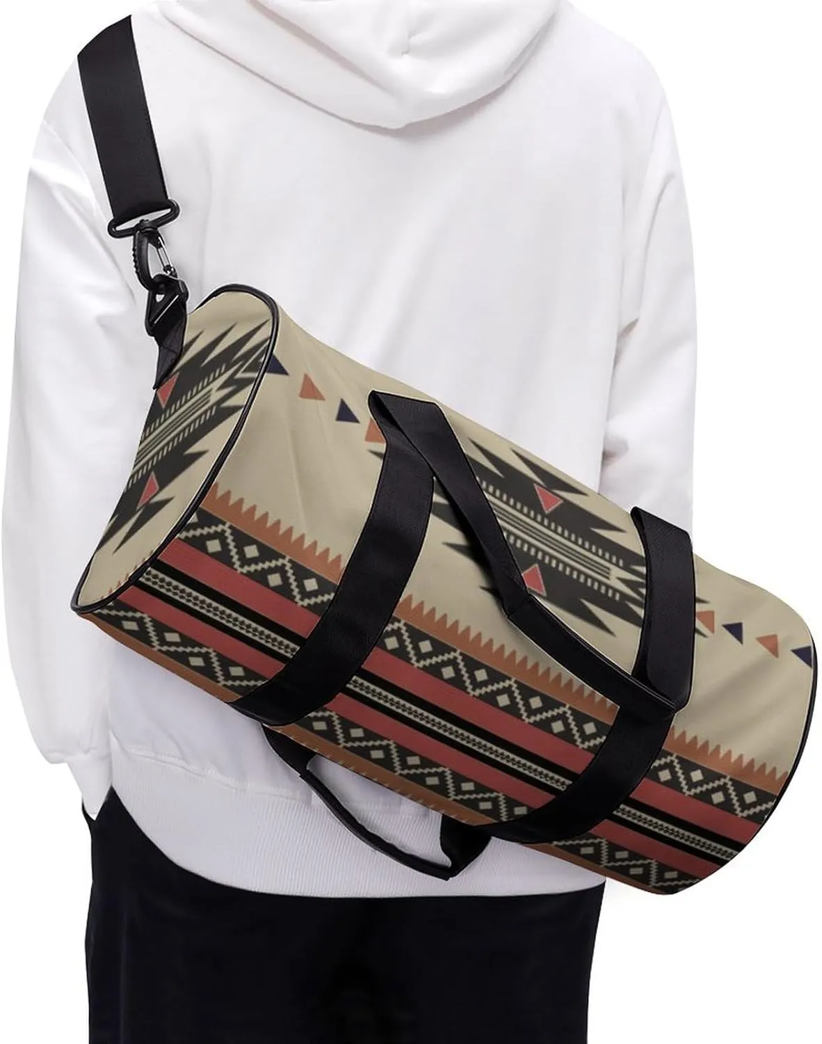 Native Tribal Woven Pattern in Browns, Black, Rust Large Capacity Portable Cylindrical Fitness Bag