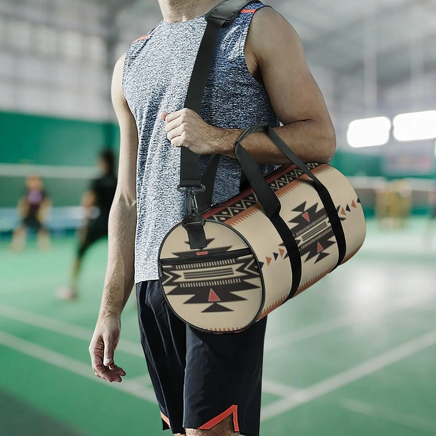 Native Tribal Woven Pattern in Browns, Black, Rust Large Capacity Portable Cylindrical Fitness Bag