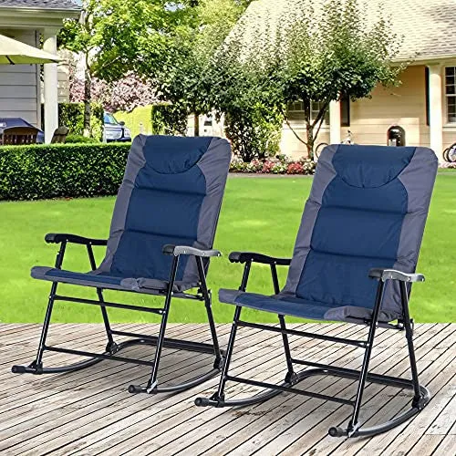 Outsunny Folding Rocking Chair Set Pack of 2 Padded Rockers with Armrest, Navy Blue/Grey