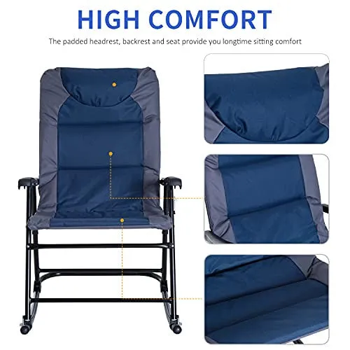 Outsunny Folding Rocking Chair Set Pack of 2 Padded Rockers with Armrest, Navy Blue/Grey