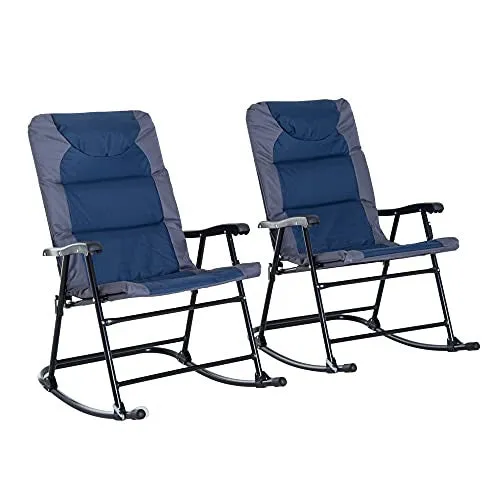 Outsunny Folding Rocking Chair Set Pack of 2 Padded Rockers with Armrest, Navy Blue/Grey