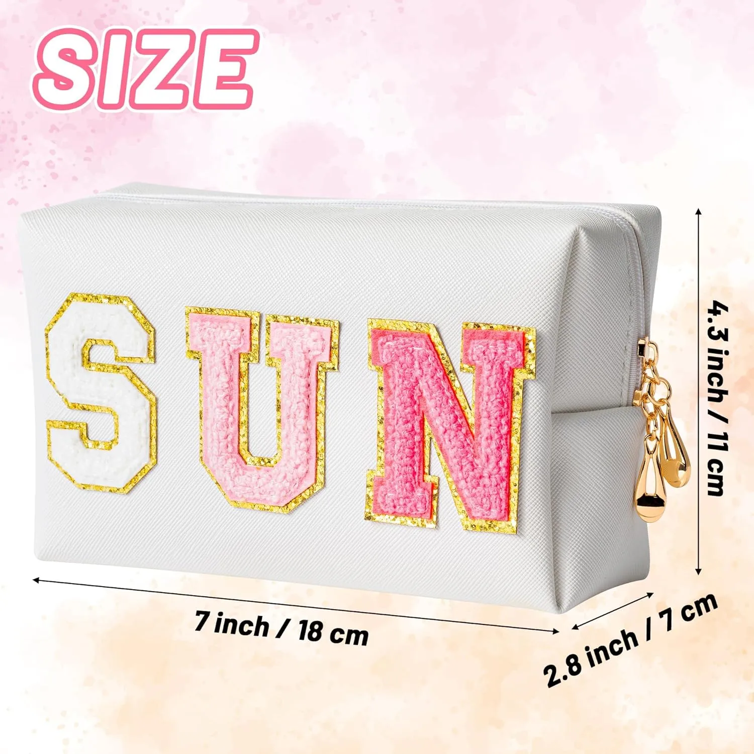 Preppy Patch Sun Cosmetic Bag Summer Sunscreen PU Leather Toiletry Makeup Bag Portable Waterproof Makeup Pouch Travel Summer Beach Pouch Daily Use Zipper Purse for Women Girls Birthday Gifts