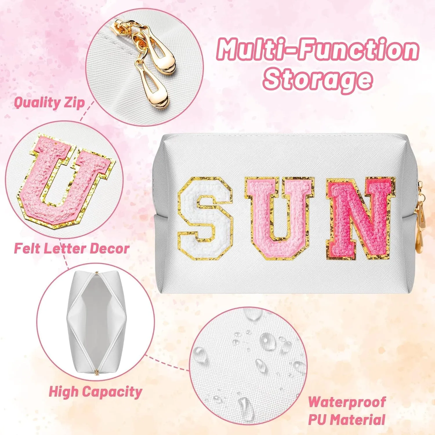 Preppy Patch Sun Cosmetic Bag Summer Sunscreen PU Leather Toiletry Makeup Bag Portable Waterproof Makeup Pouch Travel Summer Beach Pouch Daily Use Zipper Purse for Women Girls Birthday Gifts