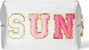 Preppy Patch Sun Cosmetic Bag Summer Sunscreen PU Leather Toiletry Makeup Bag Portable Waterproof Makeup Pouch Travel Summer Beach Pouch Daily Use Zipper Purse for Women Girls Birthday Gifts