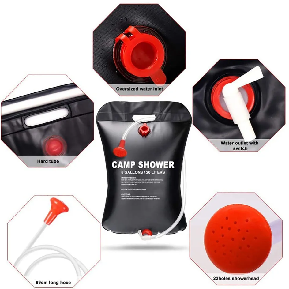 Solar Heated Camp Shower Bag - Portable, Folding, Outdoor Bath for Travel, Hiking, Climbing - PVC Water Bag