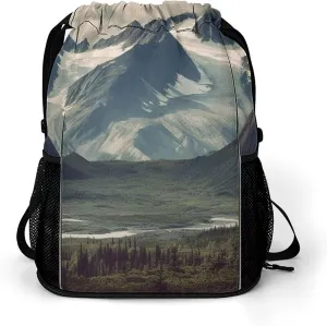Sports Drawstring Backpack,Alaska Mountains String Swim Gym Bag with Shoes Compartment Gym Drawstring Bag