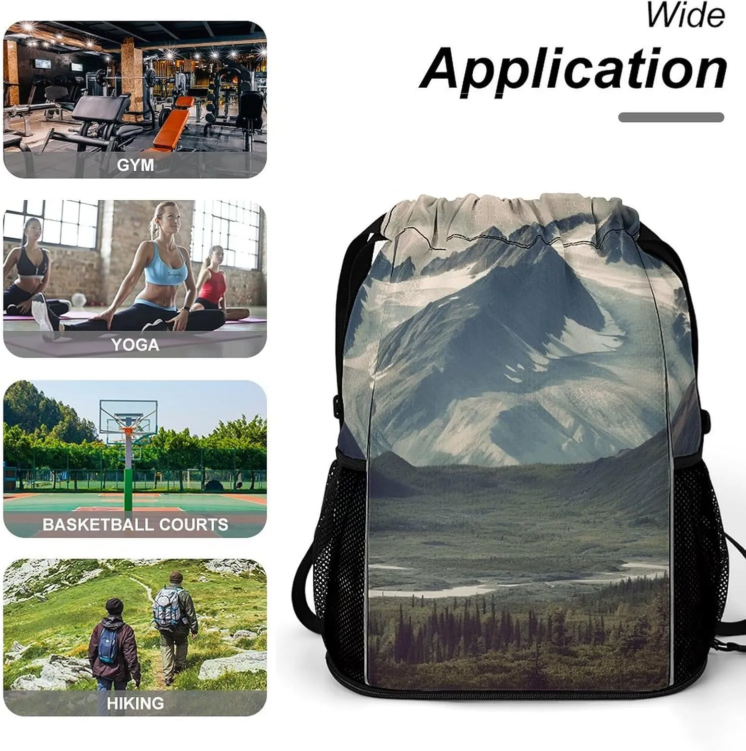 Sports Drawstring Backpack,Alaska Mountains String Swim Gym Bag with Shoes Compartment Gym Drawstring Bag