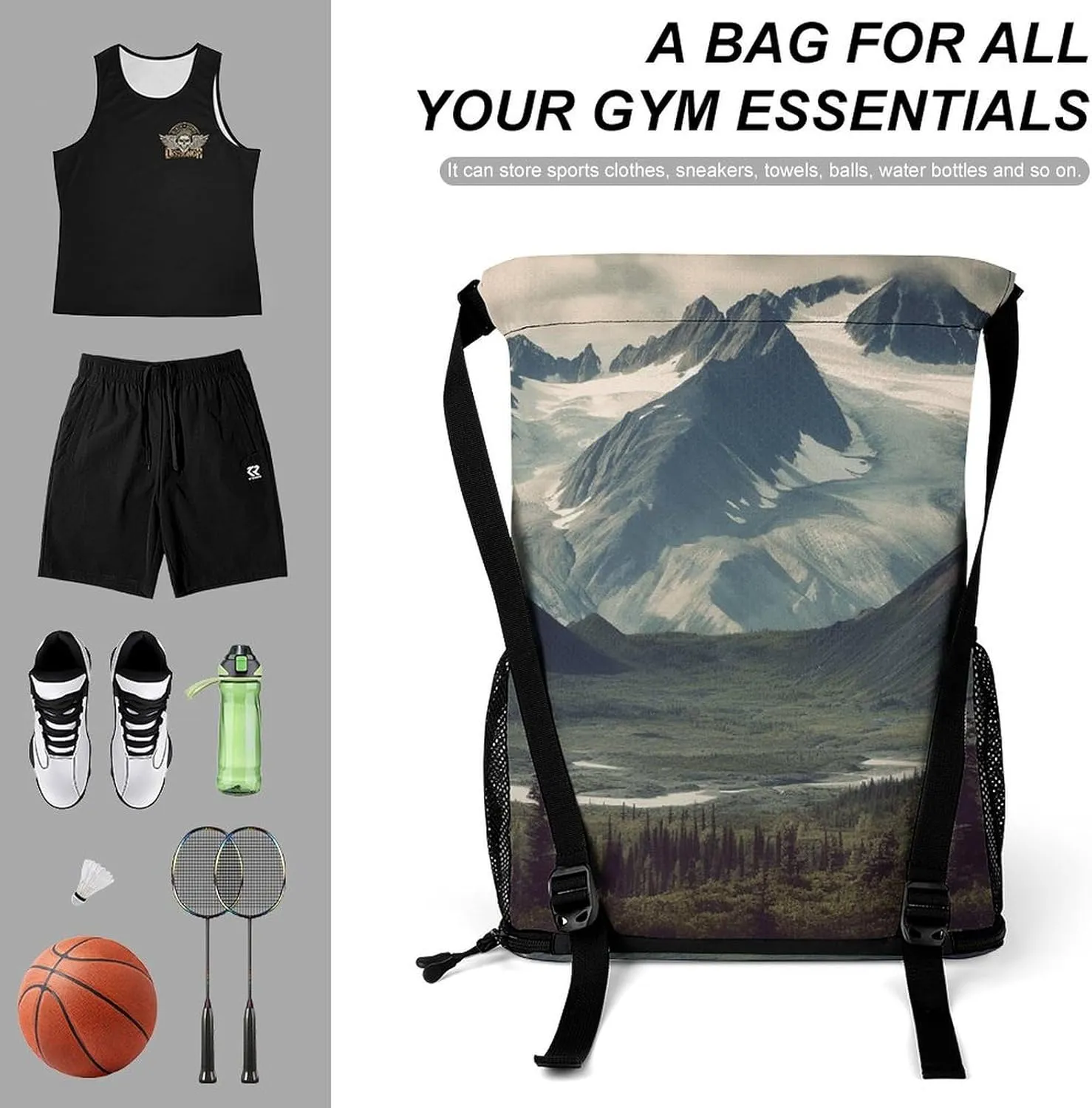 Sports Drawstring Backpack,Alaska Mountains String Swim Gym Bag with Shoes Compartment Gym Drawstring Bag