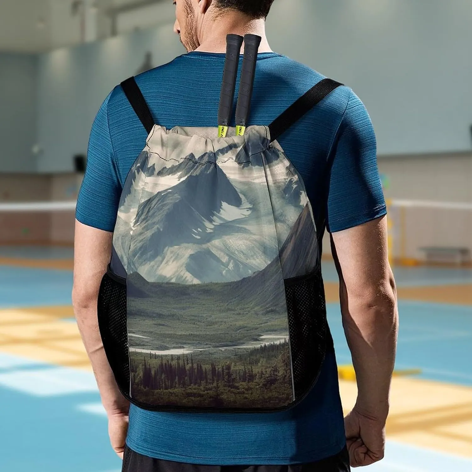 Sports Drawstring Backpack,Alaska Mountains String Swim Gym Bag with Shoes Compartment Gym Drawstring Bag
