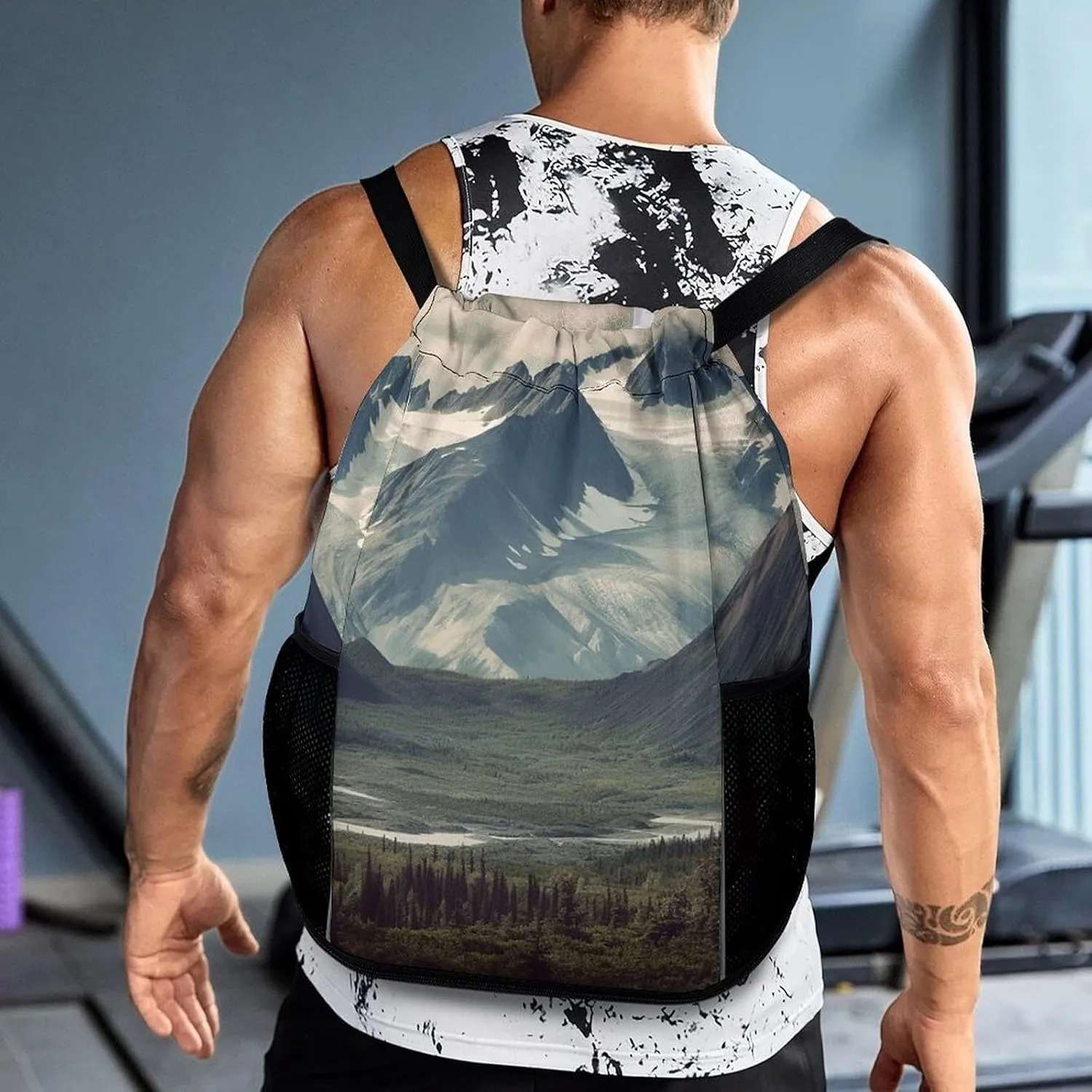 Sports Drawstring Backpack,Alaska Mountains String Swim Gym Bag with Shoes Compartment Gym Drawstring Bag