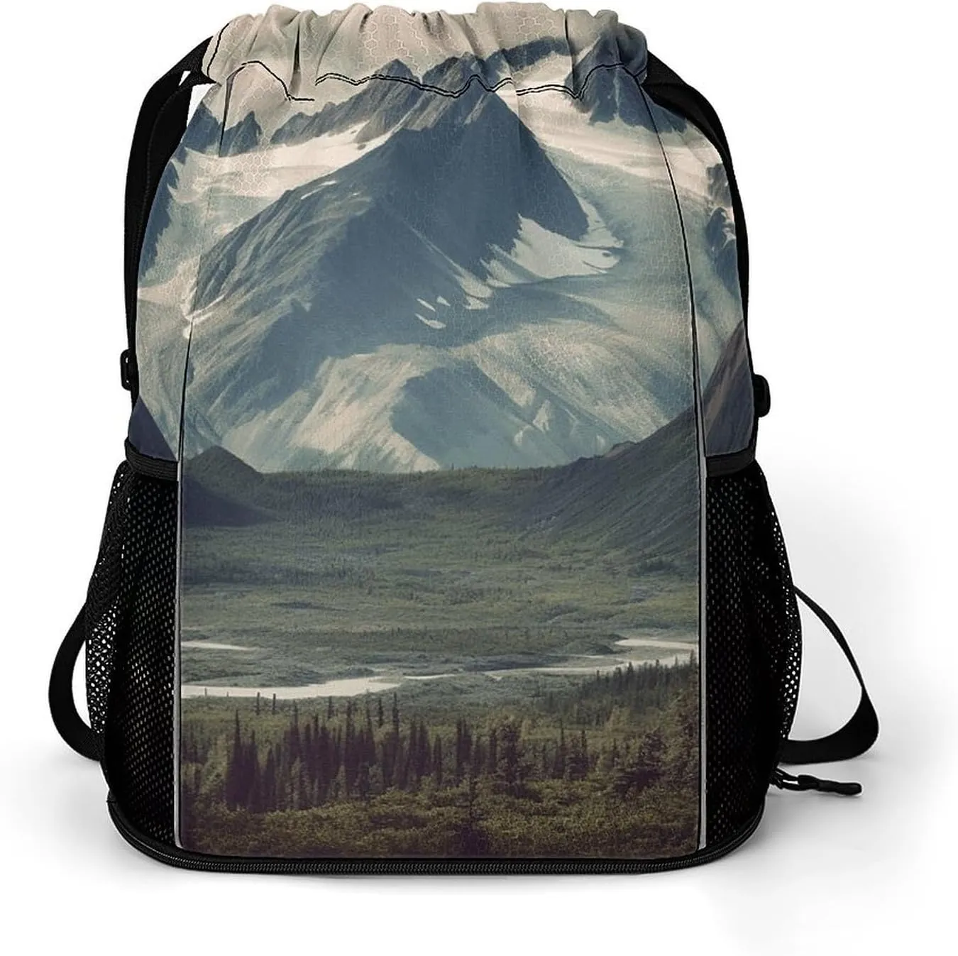 Sports Drawstring Backpack,Alaska Mountains String Swim Gym Bag with Shoes Compartment Gym Drawstring Bag