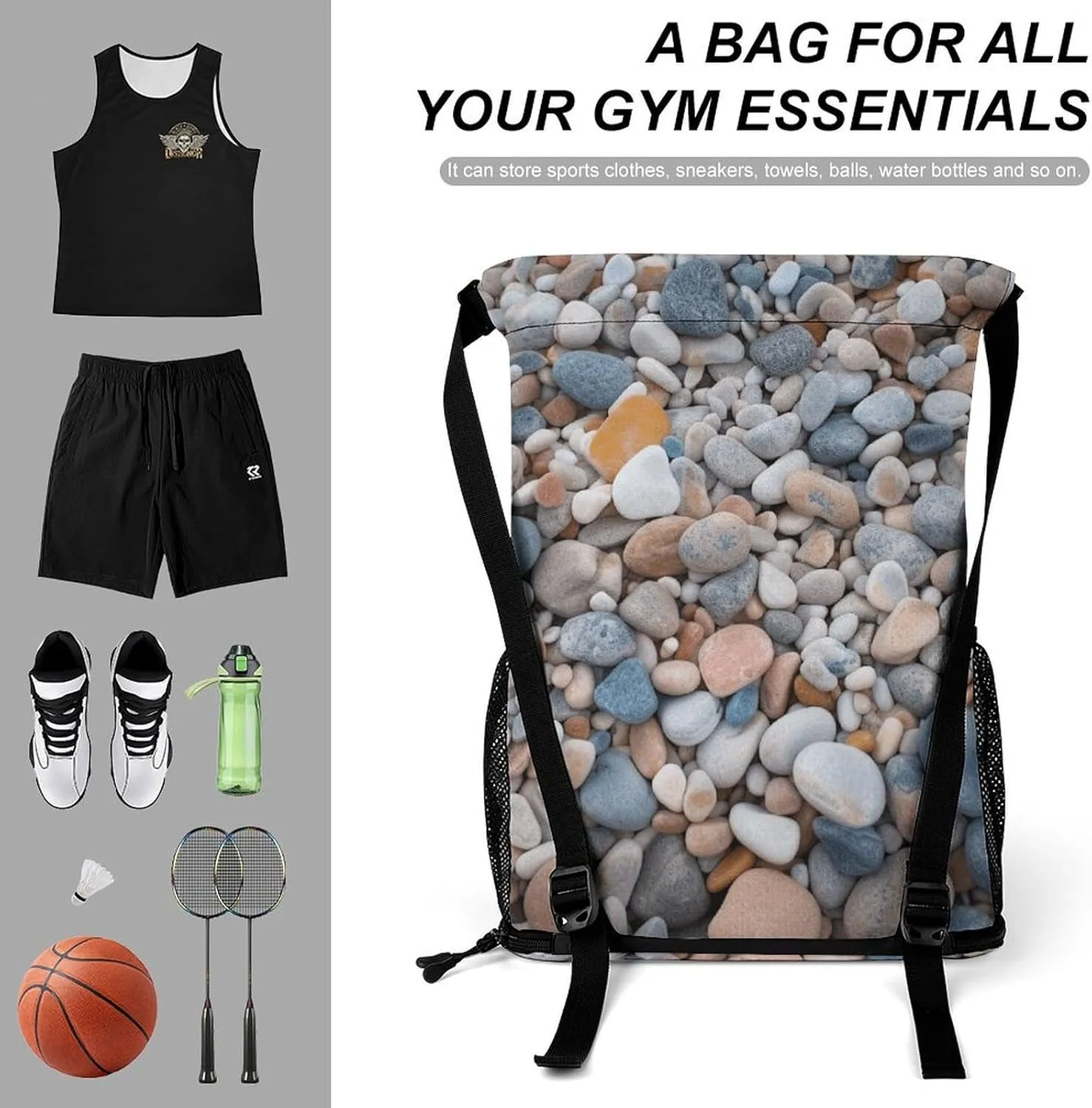Sports Drawstring Backpack,Beach Colored Pebbles String Swim Gym Bag with Shoes Compartment Gym Drawstring Bag