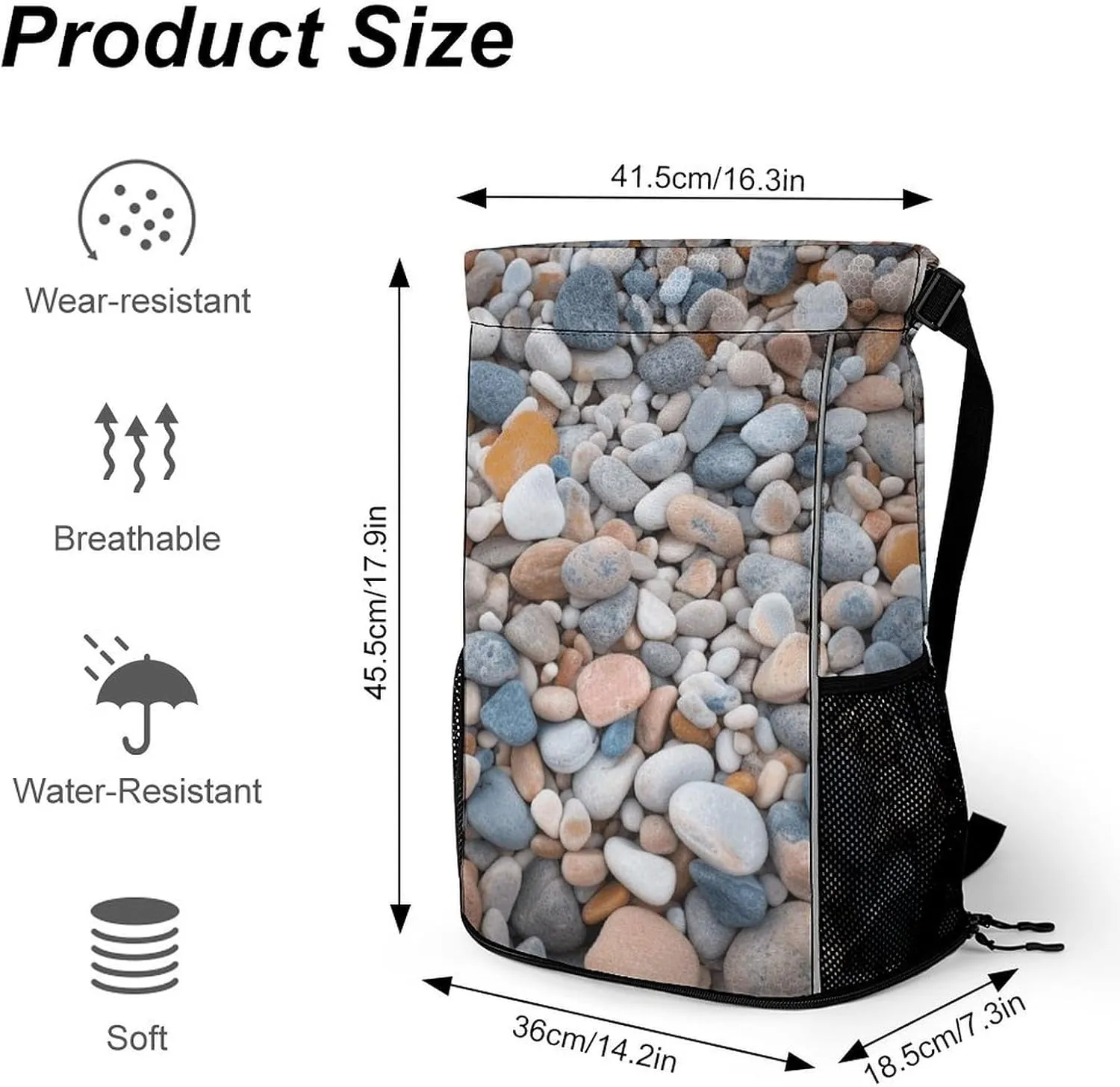 Sports Drawstring Backpack,Beach Colored Pebbles String Swim Gym Bag with Shoes Compartment Gym Drawstring Bag