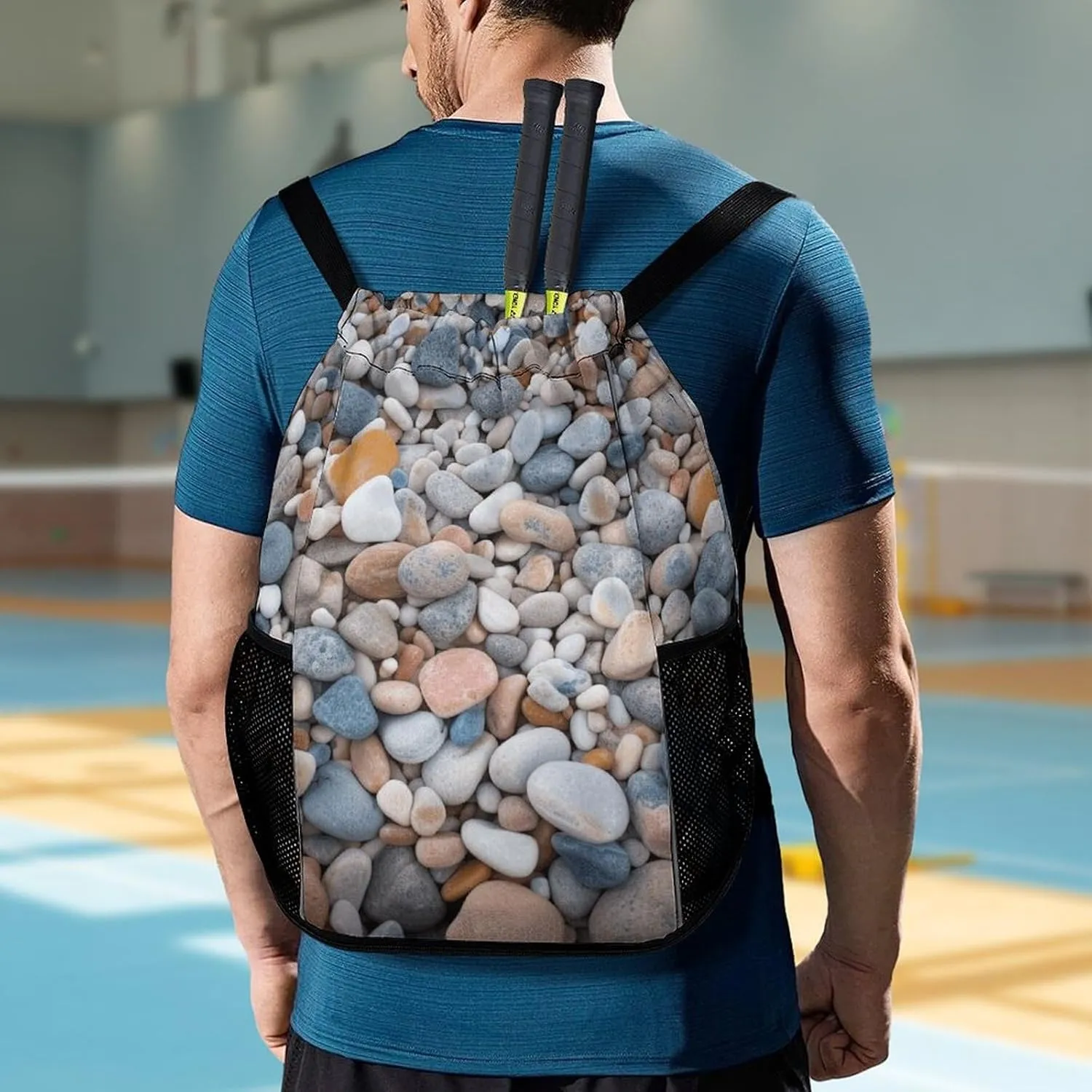 Sports Drawstring Backpack,Beach Colored Pebbles String Swim Gym Bag with Shoes Compartment Gym Drawstring Bag