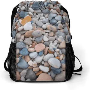 Sports Drawstring Backpack,Beach Colored Pebbles String Swim Gym Bag with Shoes Compartment Gym Drawstring Bag