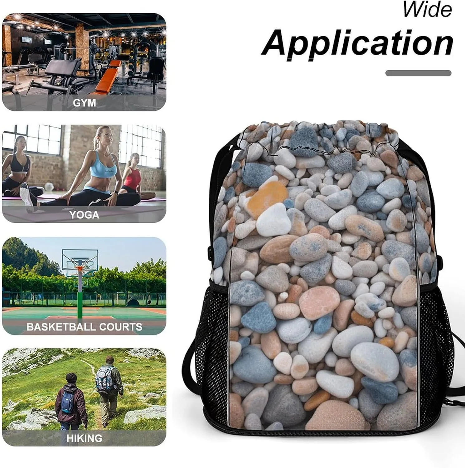 Sports Drawstring Backpack,Beach Colored Pebbles String Swim Gym Bag with Shoes Compartment Gym Drawstring Bag