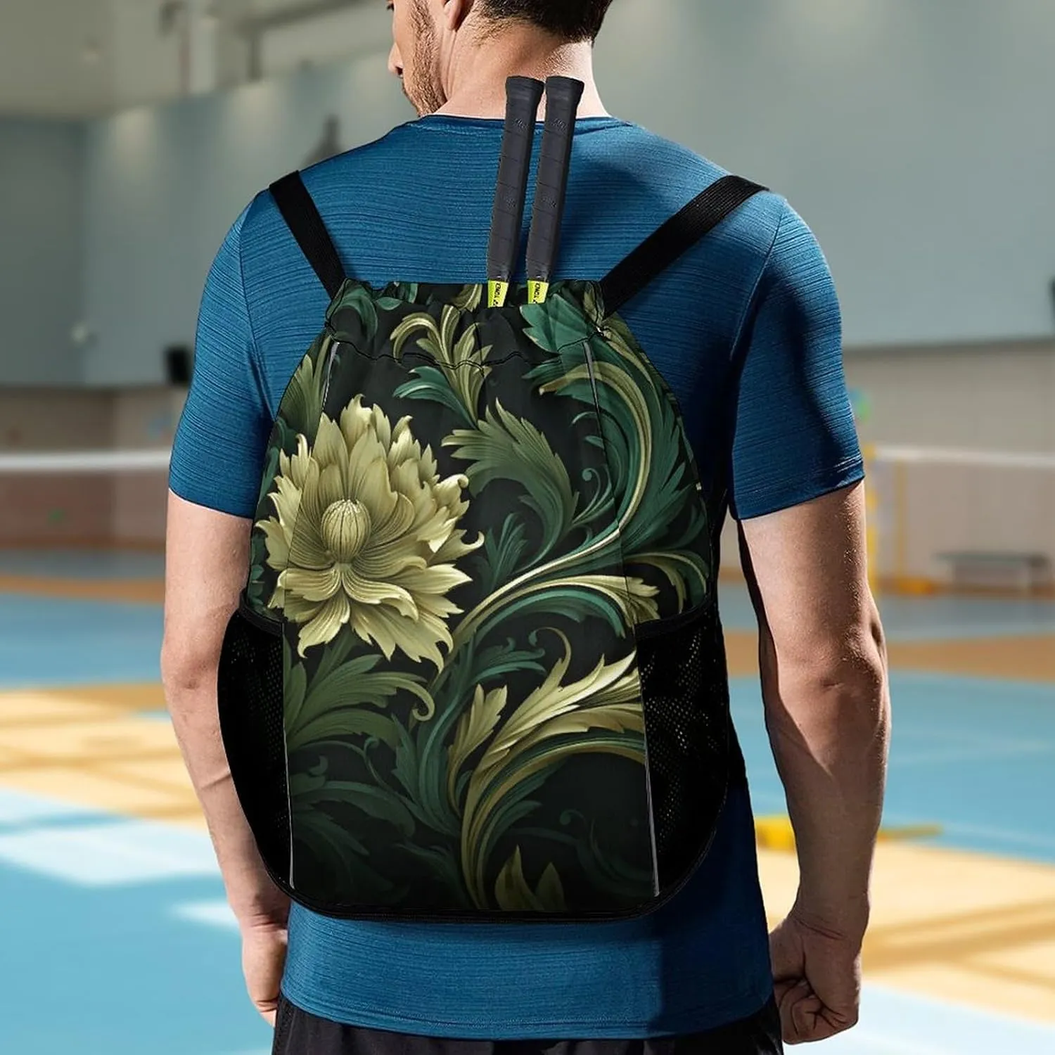 Sports Drawstring Backpack,Dark Green And Green Style String Swim Gym Bag with Shoes Compartment Gym Drawstring Bag