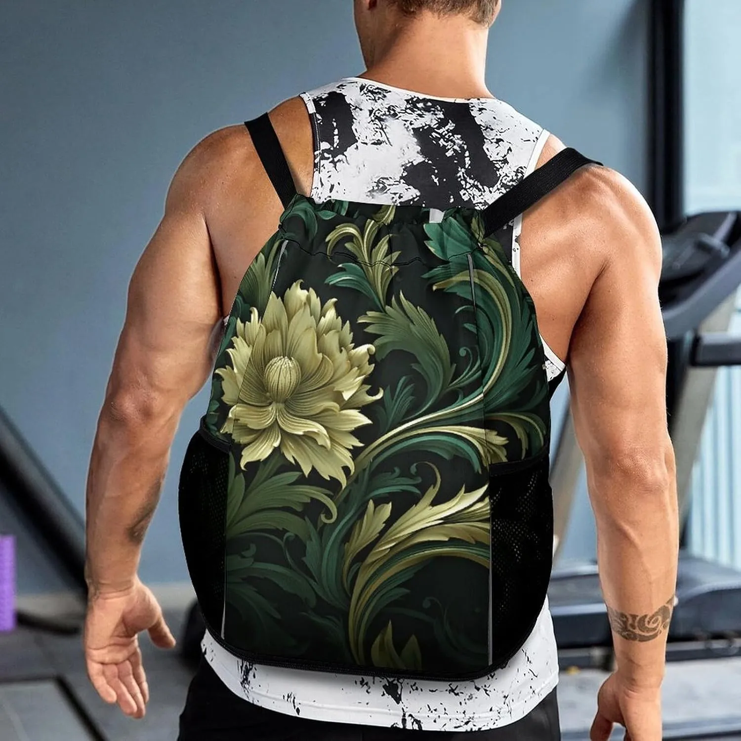Sports Drawstring Backpack,Dark Green And Green Style String Swim Gym Bag with Shoes Compartment Gym Drawstring Bag