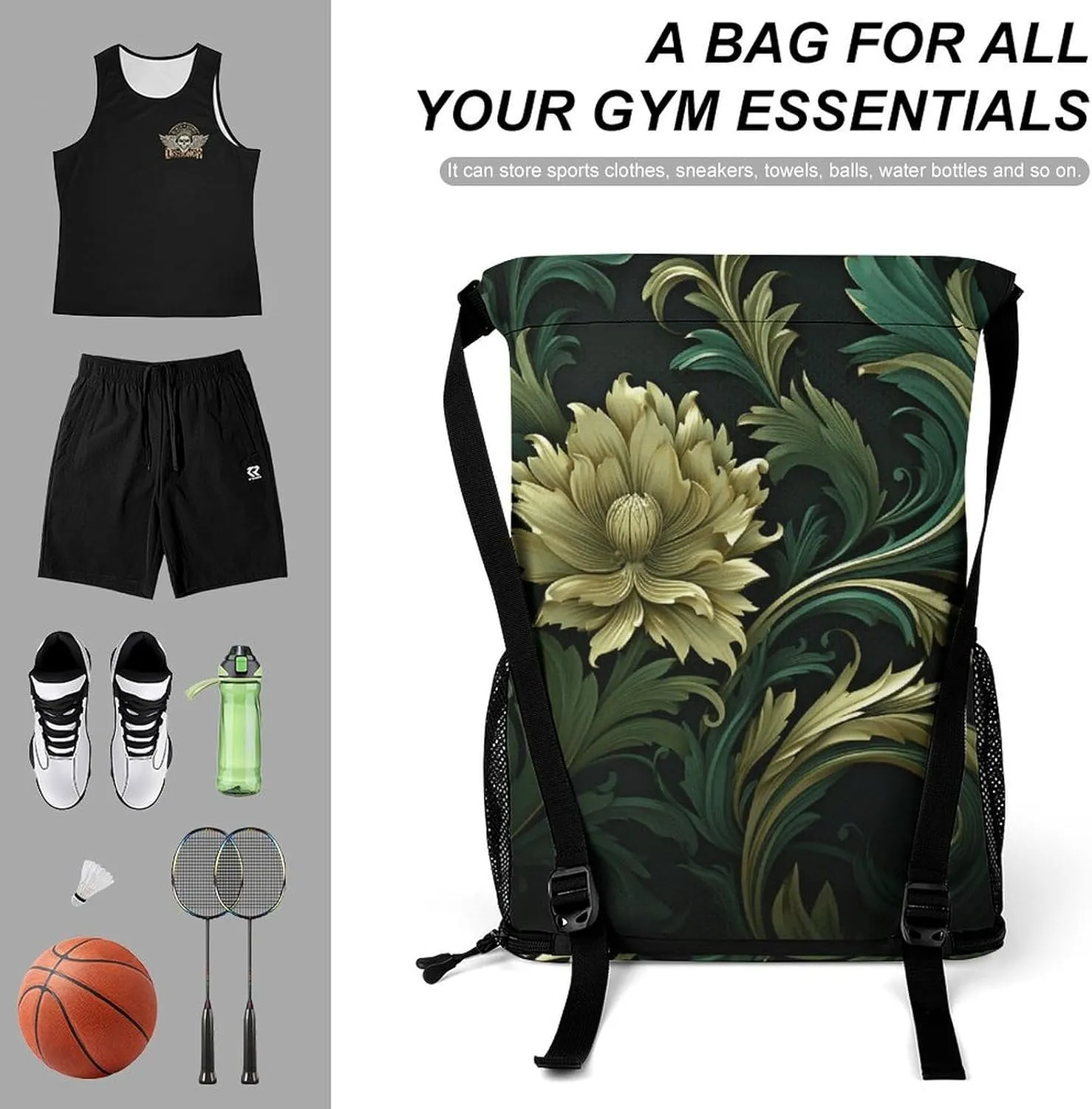 Sports Drawstring Backpack,Dark Green And Green Style String Swim Gym Bag with Shoes Compartment Gym Drawstring Bag