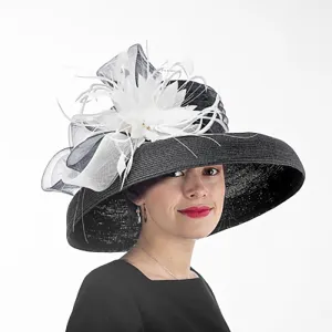 Tiffany Brim Black and White Dress Hat with Feather Flower - KaKyCO