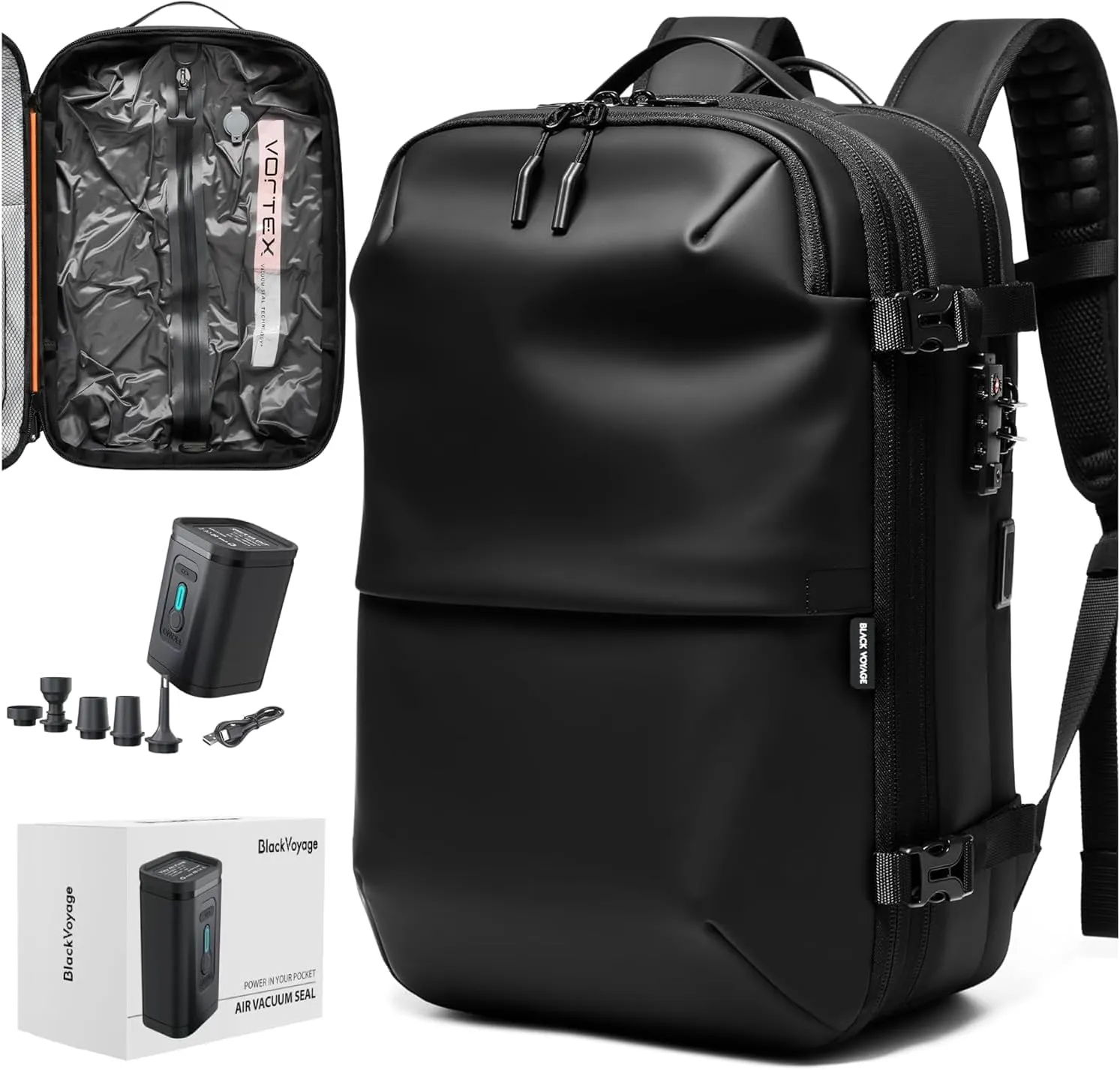 Vortex Vacuum Seal Travel Backpack 45L Exapandable Air Compression System Water Resistant TSA Lock Carry-On Suitcase Luggage Black AERO Lite - Vacuum Pump Included