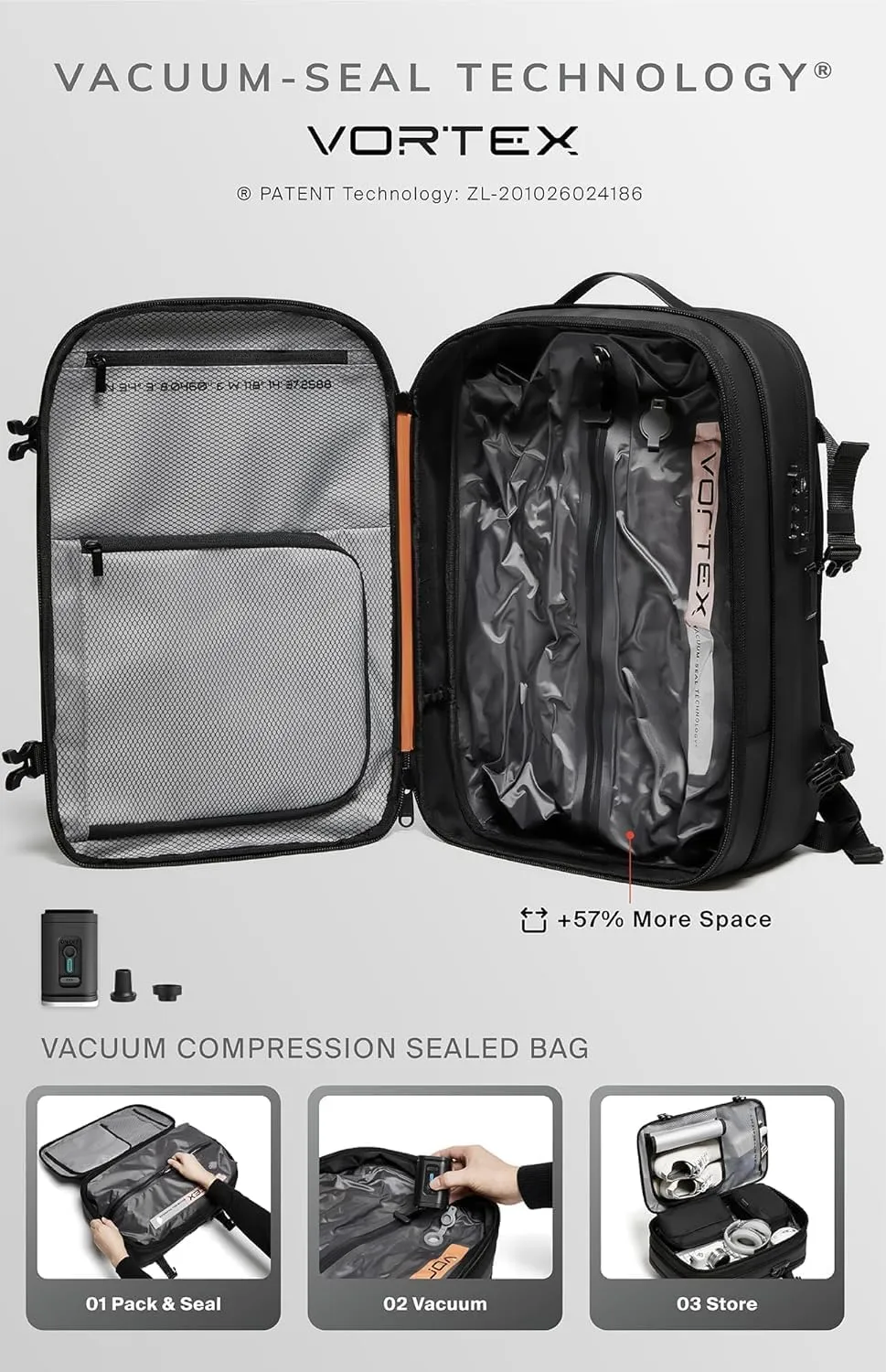 Vortex Vacuum Seal Travel Backpack 45L Exapandable Air Compression System Water Resistant TSA Lock Carry-On Suitcase Luggage Black AERO Lite - Vacuum Pump Included