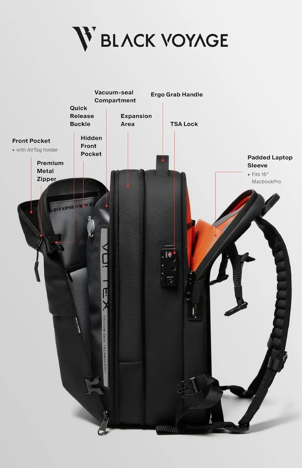 Vortex Vacuum Seal Travel Backpack 45L Exapandable Air Compression System Water Resistant TSA Lock Carry-On Suitcase Luggage Black AERO Lite - Vacuum Pump Included