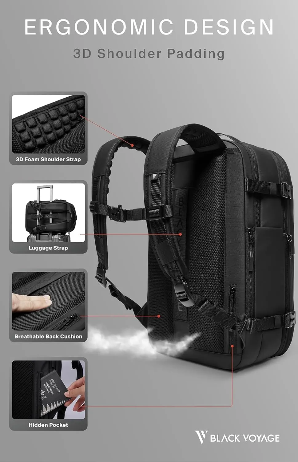 Vortex Vacuum Seal Travel Backpack 45L Exapandable Air Compression System Water Resistant TSA Lock Carry-On Suitcase Luggage Black AERO Lite - Vacuum Pump Included