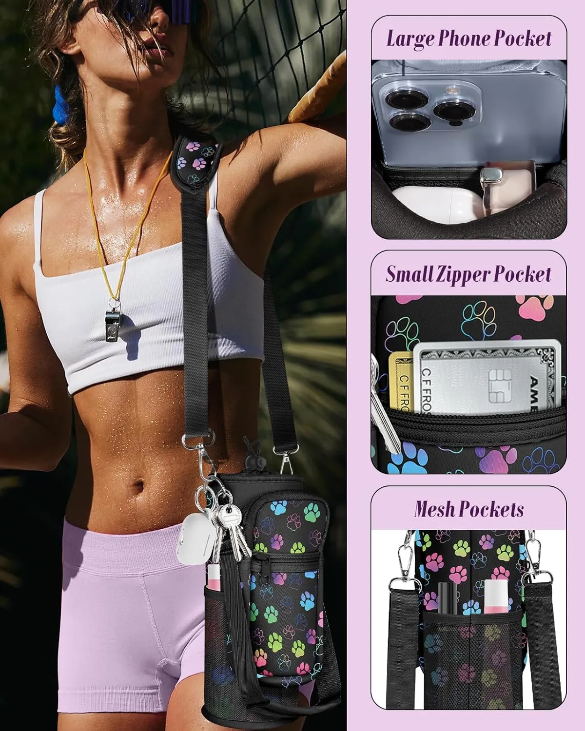 Water Bottle Holder Carrier Bag with Strap - Crossbody Sling for Walking with Phone Pocket Insulated for 32 24 oz
