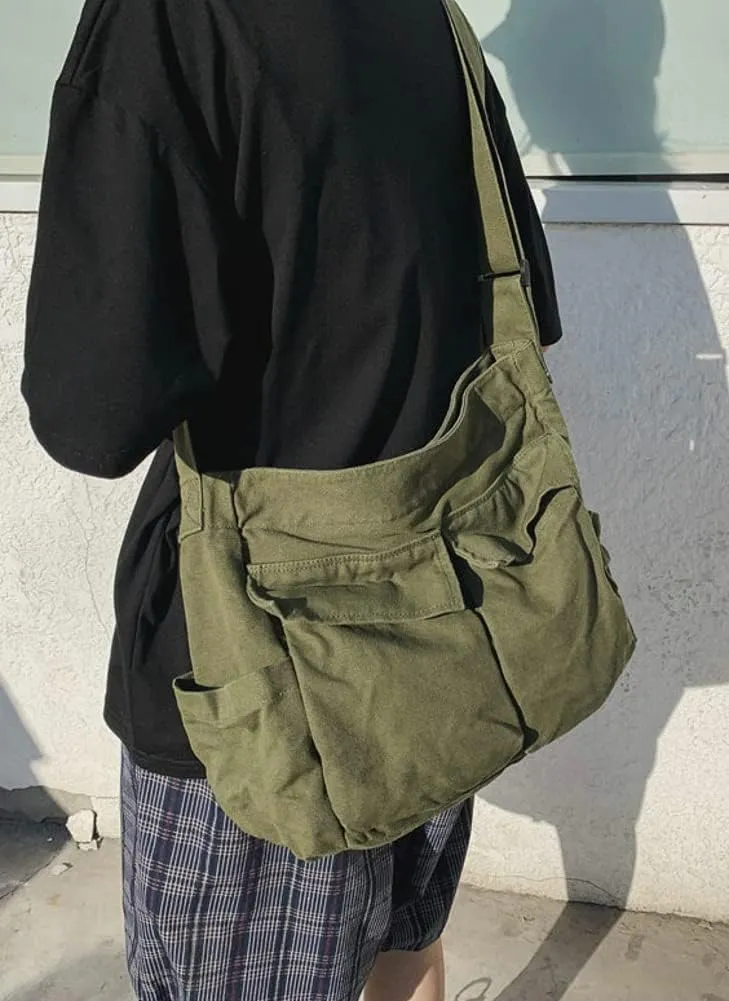 Women Men Crossbody Shoulder Bag Large Tote Bag with Multiple Pockets Canvas Messenger Tote Bag for Women and Men