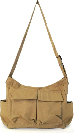 Women Men Crossbody Shoulder Bag Large Tote Bag with Multiple Pockets Canvas Messenger Tote Bag for Women and Men